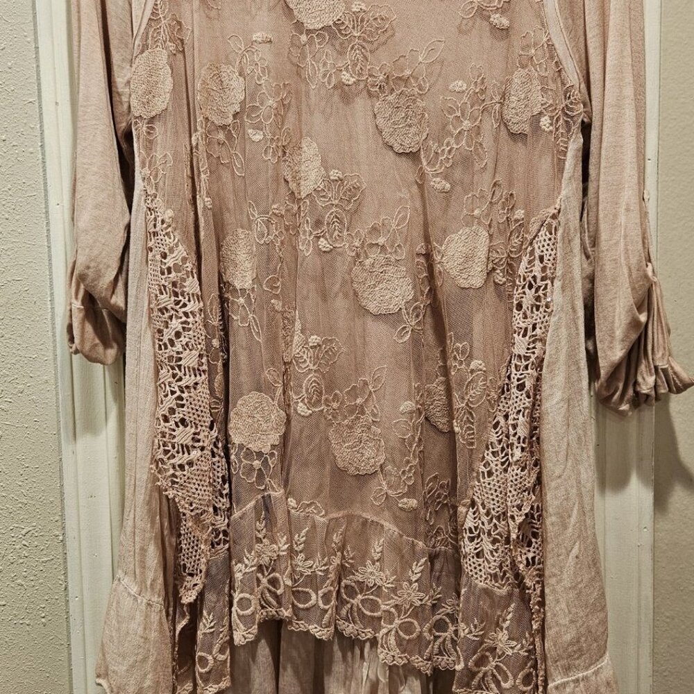 GANDAL Women's Rose Pink 2 Piece Dressy Lacey Tunic Top L